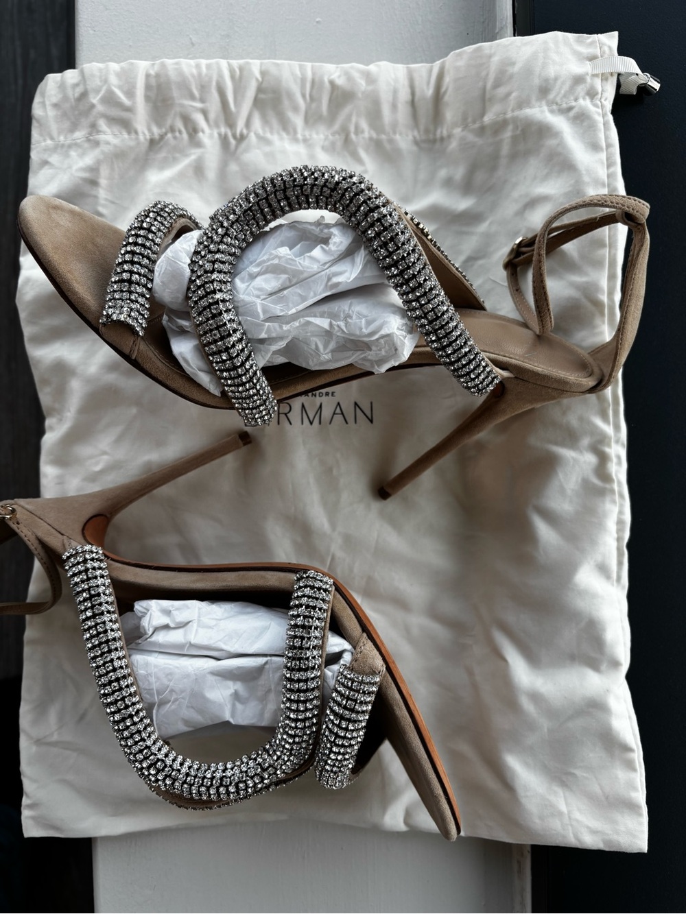 Alexandre Birman Cleo Crystal-Embellished Strappy Tan Heels